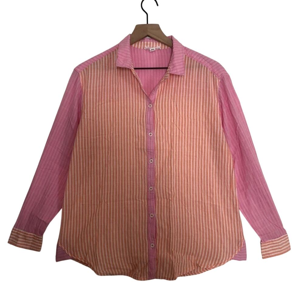 beachlunchlounge Pink Orange Striped Long Sleeve Button Beach Blouse Top Medium
